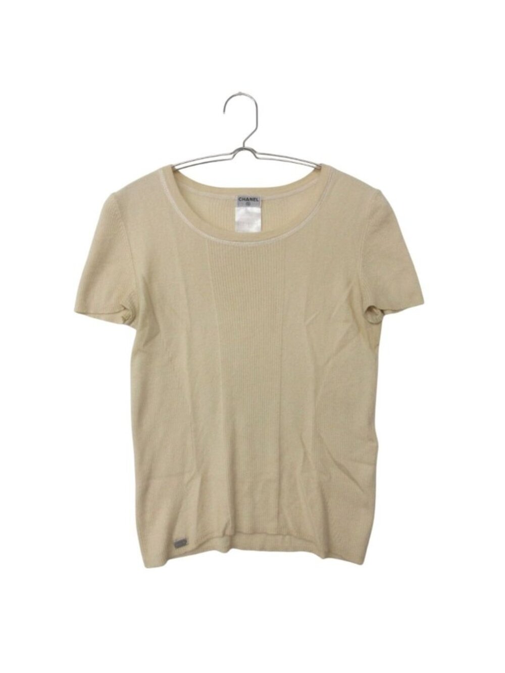 Chanel Knit Logo Plate Cashmere Silk Rib Contrast Short Sleeve Top Light Beige